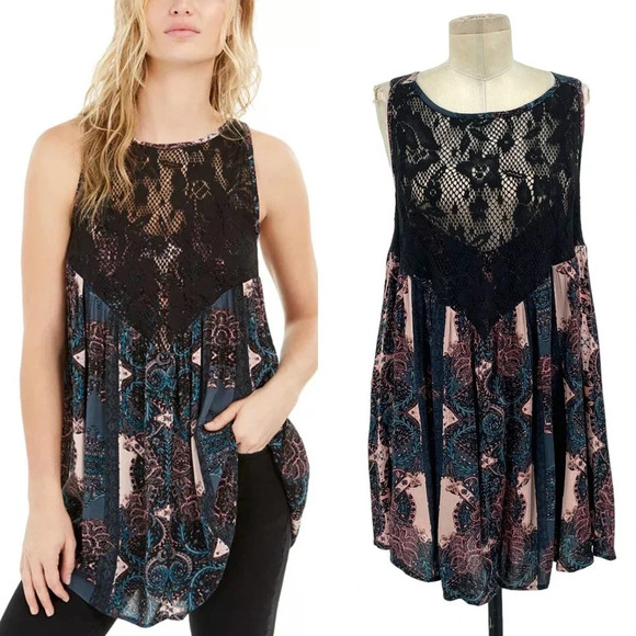 Free People Count Me In Trapeze Tunic Top Black Lace Pink Size Small - Picture 1 of 11